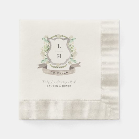 Serviette En Papier Floral Crest Aquarelle Monogramme Mariage (Devant)