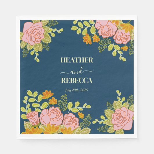 Serviette En Papier Floral Dark Navy Bleu Mariage Botanique (Devant)