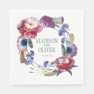 Serviette En Papier Floral de pivoine fleur sauvage avec plumes   MARI