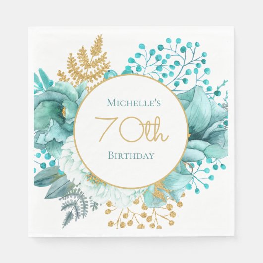 Serviette En Papier Floral d'or turquoise 70e anniversaire (Devant)