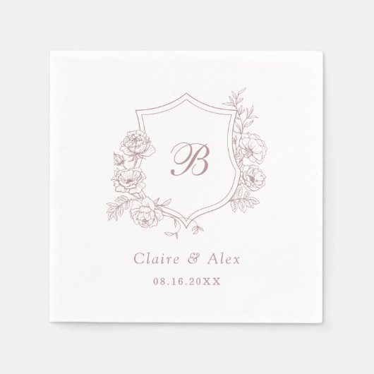 Serviette En Papier Floral Élégant Rose Crest Dusty rose Monogramme (Devant)