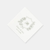 Serviette En Papier Floral Élégant Rose Crest Sage Vert Monogramme (Coin)