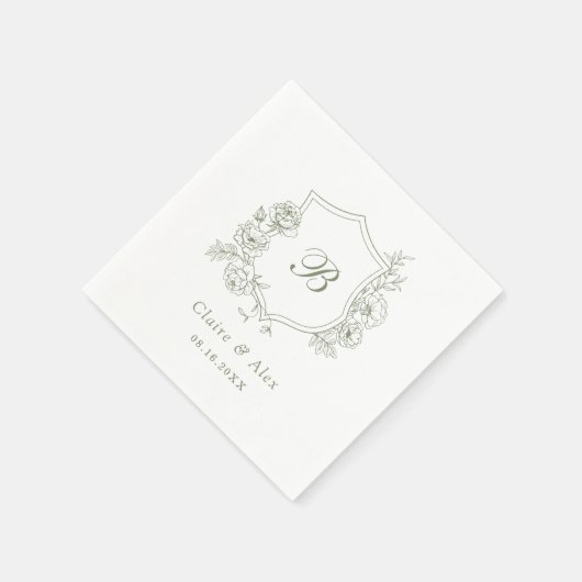 Serviette En Papier Floral Élégant Rose Crest Sage Vert Monogramme (Coin)