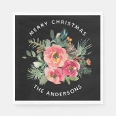 Serviette En Papier Floral et pin de Noël noir. L'hiver festif sombre (Devant)