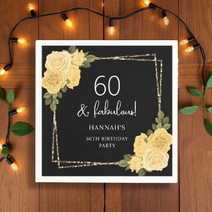 Serviette En Papier Floral Jaune Noir & Or 60e anniversaire