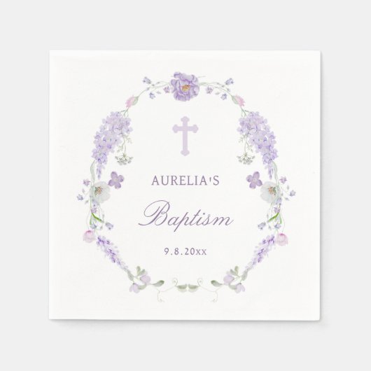 Serviette En Papier Floral Lilac Lavender Wreath Baptism (Devant)