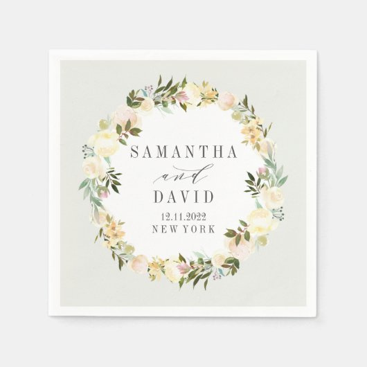 Serviette En Papier Floral Mariage crème et gris personnalisé (Devant)
