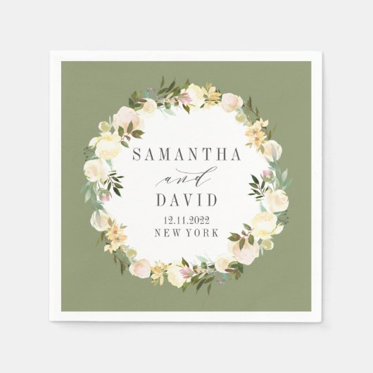Serviette En Papier Floral Mariage crème et Sage personnalisé (Devant)
