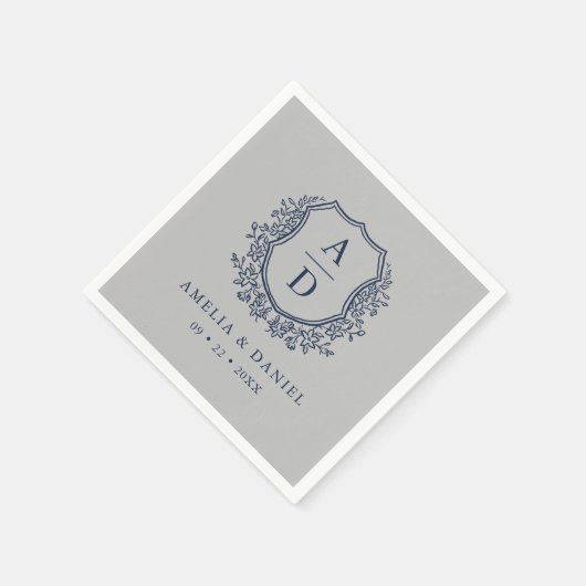 Serviette En Papier Floral Marine Blue Silver Crest Mariage Monogramme (Coin)