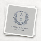Serviette En Papier Floral Marine Blue Silver Crest Mariage Monogramme