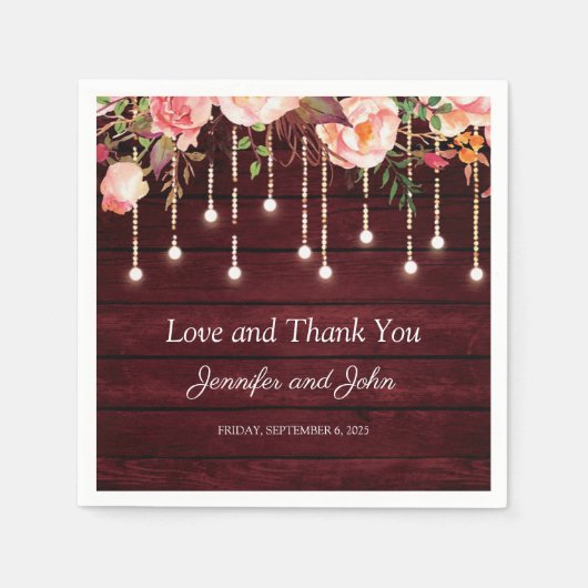 Serviette En Papier Floral Maroon en bois Mariage rustique (Devant)