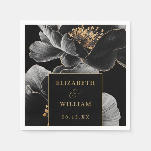 Serviette En Papier Floral Noir Et Or Élégant Mariage Moderne (Devant)