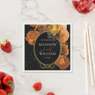 Serviette En Papier Floral noir et orange mariage Personnalisé