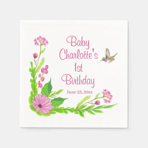 Serviette en papier floral nostalgique rose et ver