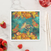 Serviette En Papier Floral & Oiseaux Orange, Rouge, Jaune, Turquoise (En situation)