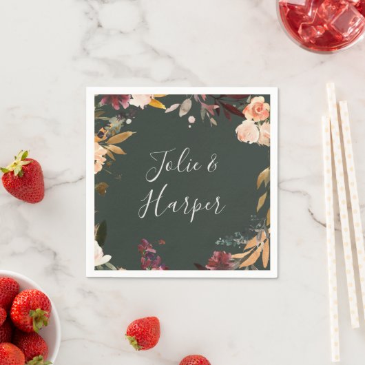 Serviette En Papier Floral Orange Bourgogne | Serviettes Mariages vert (En situation)