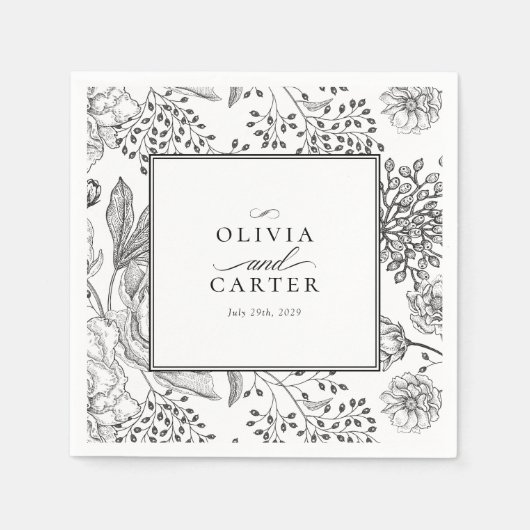 Serviette En Papier Floral Périwinkle Élégant Mariage noir (Devant)