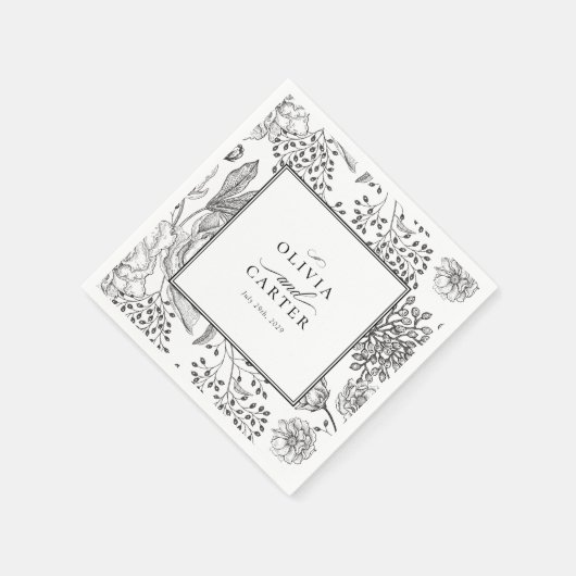 Serviette En Papier Floral Périwinkle Élégant Mariage noir (Coin)