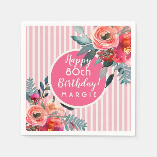 Serviette En Papier Floral Pink Pastel Stripe 80e anniversaire (Devant)