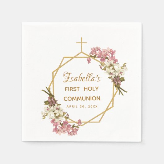 Serviette En Papier Floral Première Sainte Communion Orchidées Or Géom (Devant)