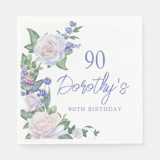 Serviette En Papier Floral Rose Blanc Bleu 90e anniversaire (Devant)