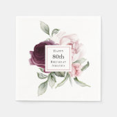 Serviette En Papier Floral rose et bourgogne 80e anniversaire (Devant)