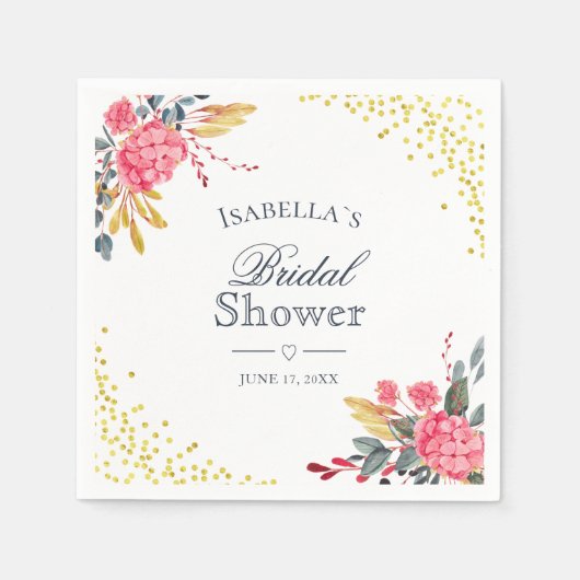 Serviette En Papier Floral rose Hydrangeas Faux Gold Fête des mariées (Devant)