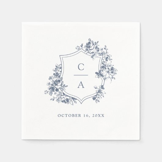 Serviette En Papier Floral Rose Mariage Crest Dusty Blue (Devant)