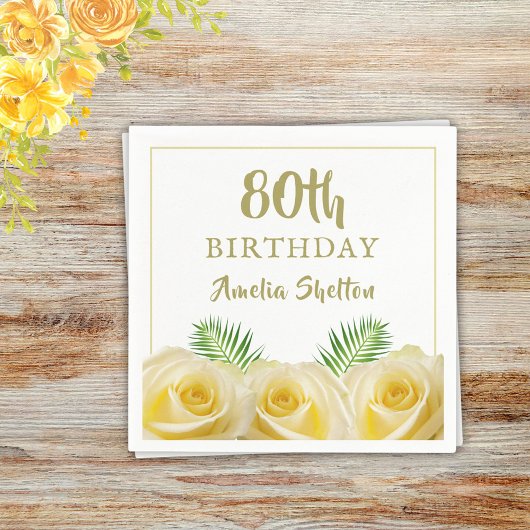 Serviette En Papier Floral Roses Jaunes 80e fête d'anniversaire
