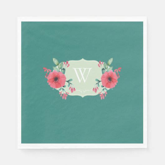 Serviette en papier floral sarcelle avec monogramm (Devant)