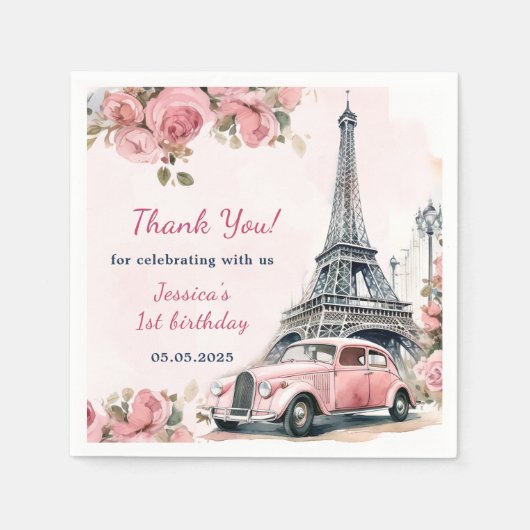 Serviette En Papier Floral Tour Eiffel Paris 1er anniversaire (Devant)