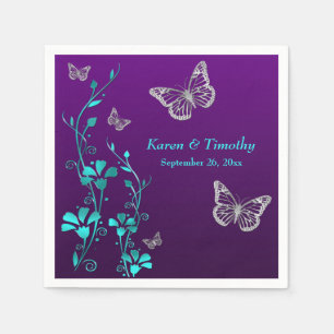 Serviette En Papier Floral Turquoise d'argent violet, Papillons, servi