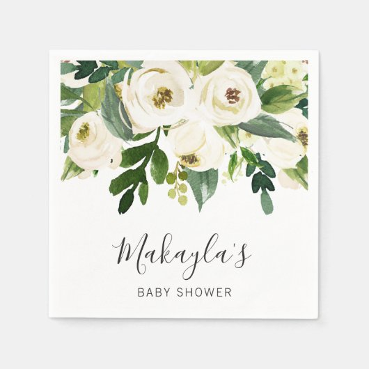 Serviette En Papier Floral verdure Roses blanches Baby shower fille (Devant)