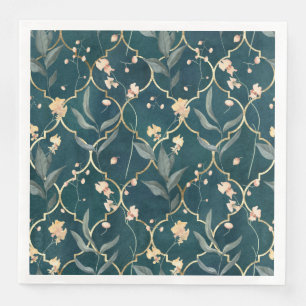 Serviette En Papier Floral vert et or
