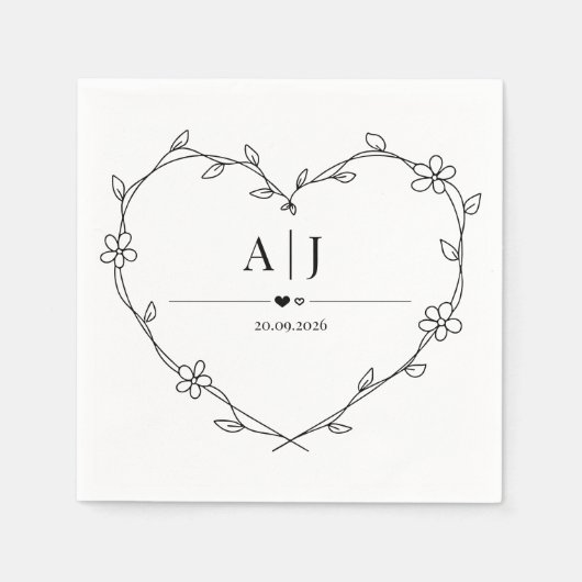 Serviette En Papier Floral Vine Coeur Monogramme Mariage (Devant)