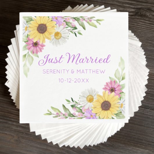 Serviette En Papier Floral Wedding Wildflower Sunflower Just Married