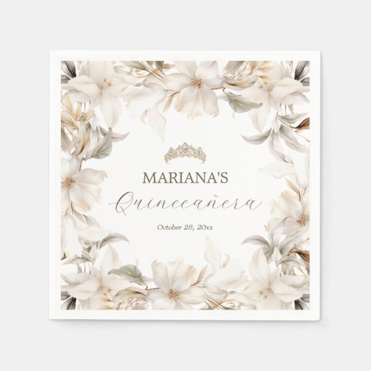 Serviette En Papier Florales d'hiver en argent blanc Quinceañera (Devant)