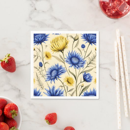 Serviette En Papier Flore bleu et jaune élégant (En situation)