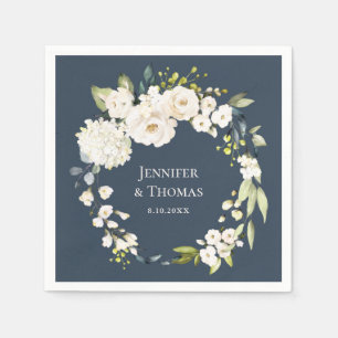 Serviette En Papier Flore d'aquarelle blanche sur Mariage bleu marine