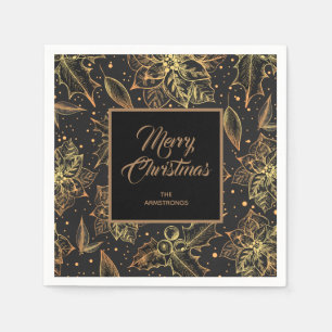 Serviette En Papier Flore de Noël noir et or