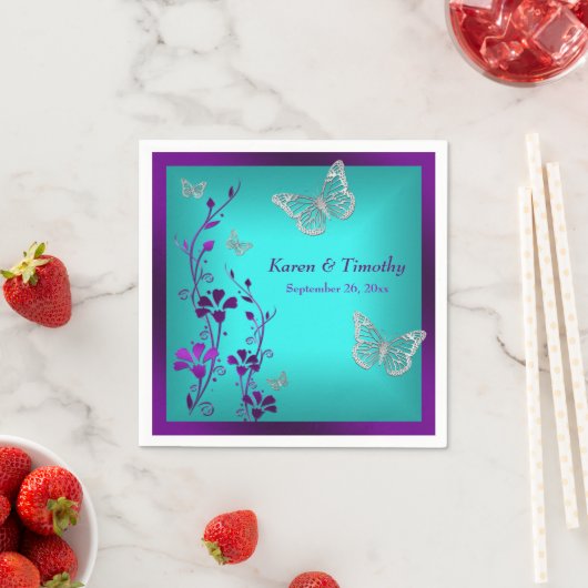 Serviette En Papier Flore Turquoise d'argent violet, Papillons, servie (En situation)