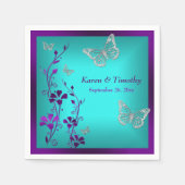 Serviette En Papier Flore Turquoise d'argent violet, Papillons, servie (Devant)