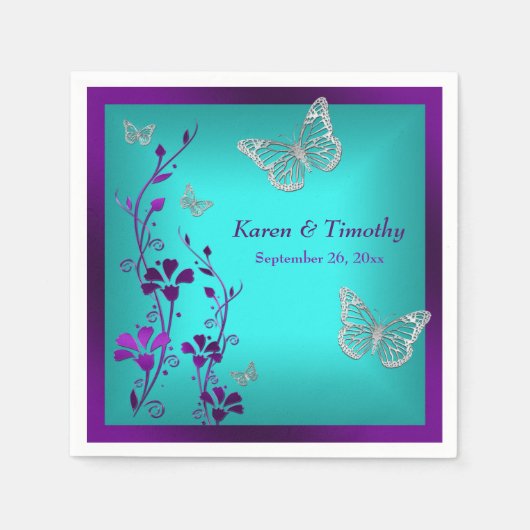 Serviette En Papier Flore Turquoise d'argent violet, Papillons, servie (Devant)