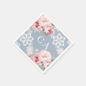 Serviette En Papier Flores de roses rose bleu foncé monogramme mariage (Coin)