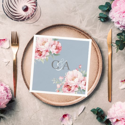 Serviette En Papier Flores de roses rose bleu foncé monogramme mariage