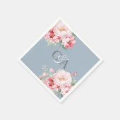 Serviette En Papier Flores de roses rose bleu foncé monogramme mariage (Coin)