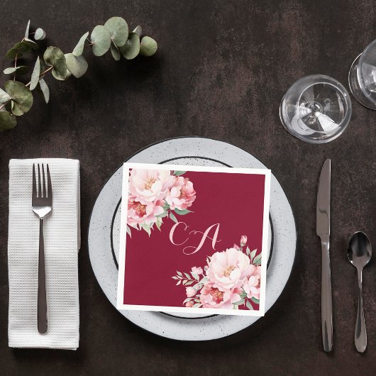 Serviette En Papier Flores de roses roses de Bourgogne monogramme anni