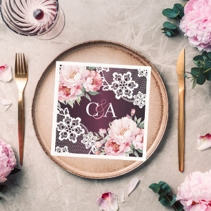 Serviette En Papier Flores de roses roses de Bourgogne monogramme mari