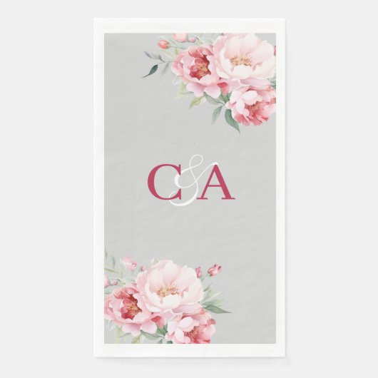 Serviette En Papier Flores rose gris mariage monogramme (Devant)