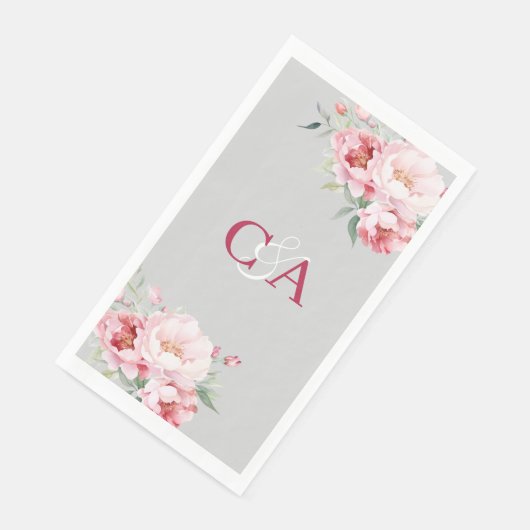 Serviette En Papier Flores rose gris mariage monogramme (Coin)